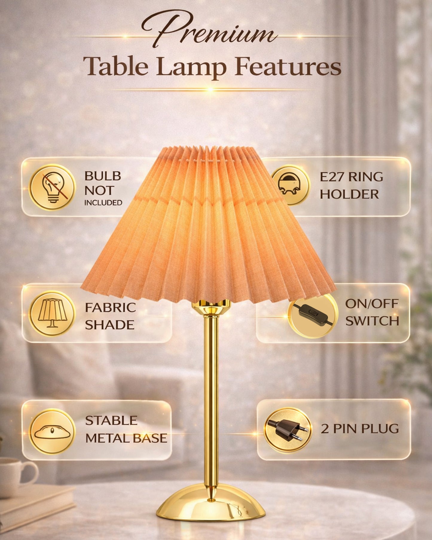Luxe Round Gold Table Lamp with Linen Fabric Drum Shade, Modern Decorative Bedside Lamp for Bedroom & Study Table, Living Room & Side Table, Pleated Shade