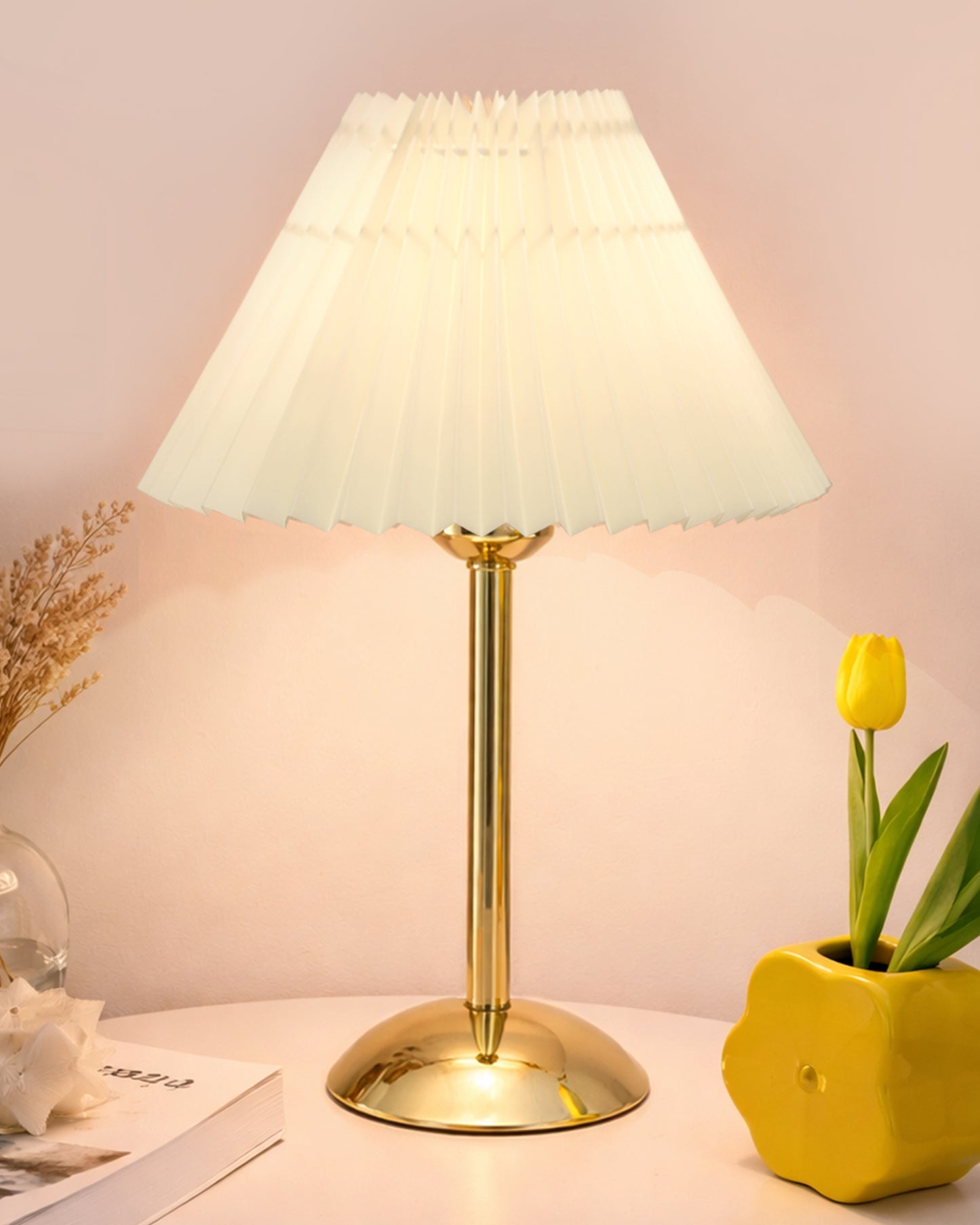 Luxe Round Gold Table Lamp with Linen Fabric Drum Shade, Modern Decorative Bedside Lamp for Bedroom & Study Table, Living Room & Side Table, Pleated Shade