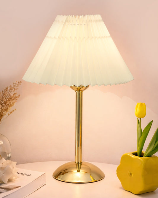 Luxe Round Gold Table Lamp with Linen Fabric Drum Shade, Modern Decorative Bedside Lamp for Bedroom & Study Table, Living Room & Side Table, Pleated Shade