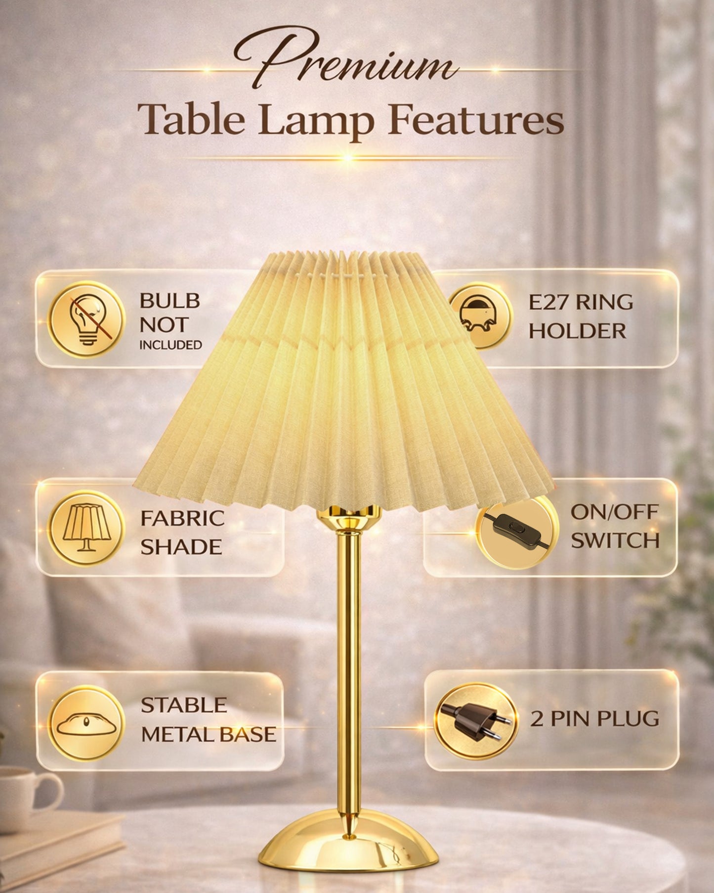 Luxe Round Gold Table Lamp with Linen Fabric Drum Shade, Modern Decorative Bedside Lamp for Bedroom & Study Table, Living Room & Side Table, Pleated Shade