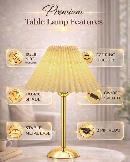 Luxe Round Gold Table Lamp with Linen Fabric Drum Shade, Modern Decorative Bedside Lamp for Bedroom & Study Table, Living Room & Side Table, Pleated Shade
