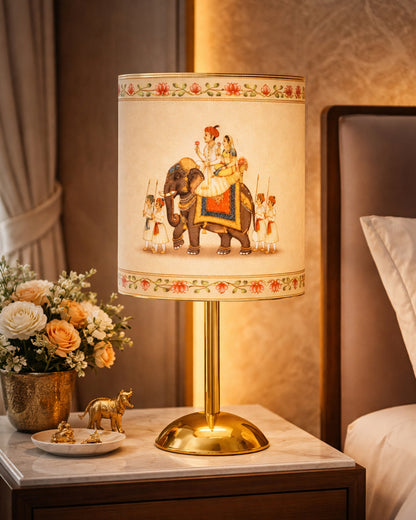 Luxe Round Gold Table Lamp with Linen Fabric Drum Shade, Modern Decorative Bedside Lamp for Bedroom & Study Table, Living Room & Side Table, Cylinde Shade