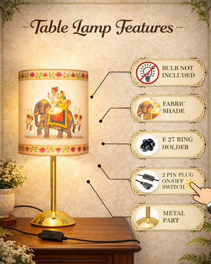 Luxe Round Gold Table Lamp with Linen Fabric Drum Shade, Modern Decorative Bedside Lamp for Bedroom & Study Table, Living Room & Side Table, Cylinde Shade