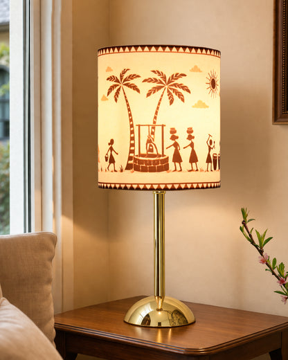 Luxe Round Gold Table Lamp with Linen Fabric Drum Shade, Modern Decorative Bedside Lamp for Bedroom & Study Table, Living Room & Side Table, Cylinde Shade