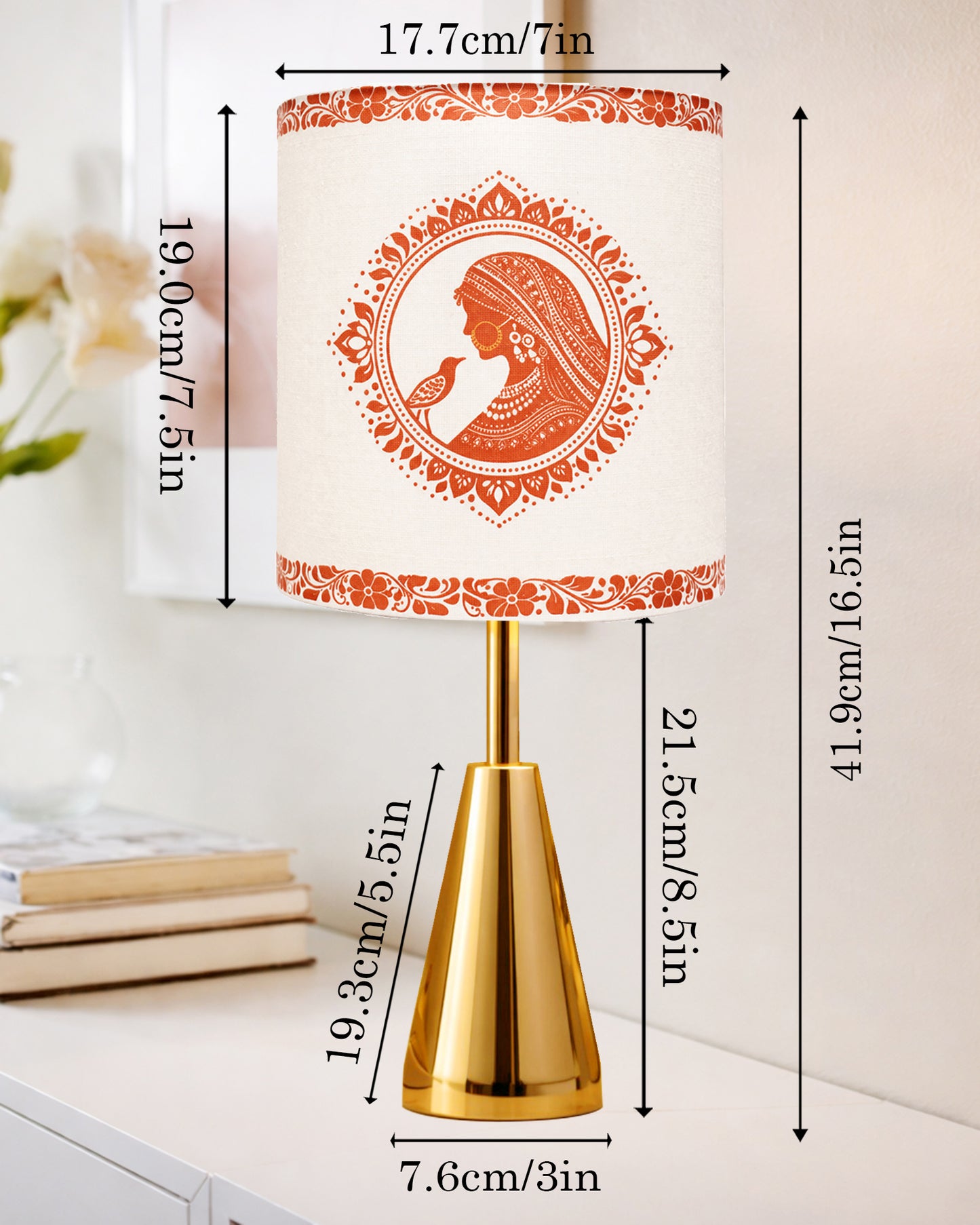Luxe Cone Gold Table Lamp with Linen Fabric Drum Shade, Modern Decorative Bedside Lamp for Bedroom & Study Table, Living Room & Side Table, Cylinde Shade