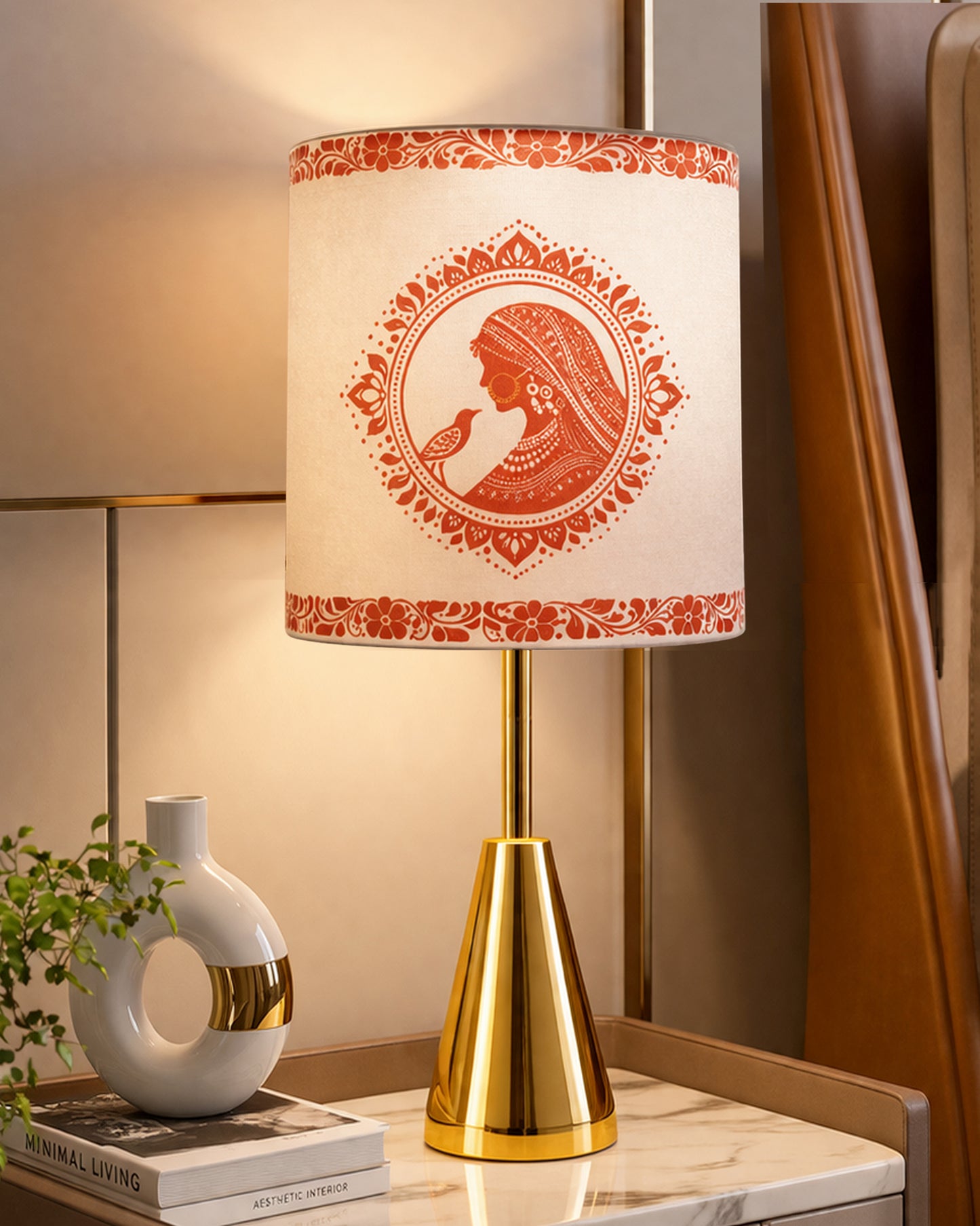 Luxe Cone Gold Table Lamp with Linen Fabric Drum Shade, Modern Decorative Bedside Lamp for Bedroom & Study Table, Living Room & Side Table, Cylinde Shade