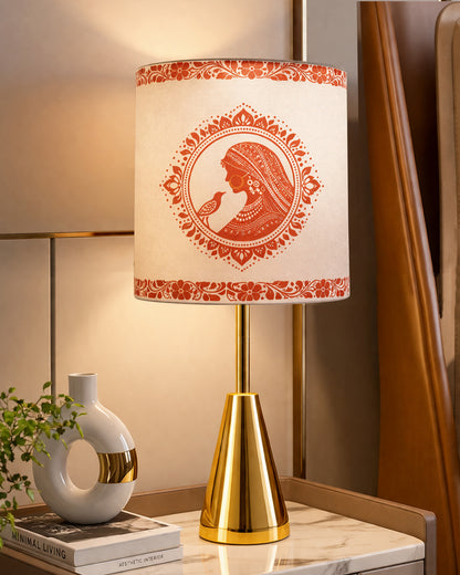 Luxe Cone Gold Table Lamp with Linen Fabric Drum Shade, Modern Decorative Bedside Lamp for Bedroom & Study Table, Living Room & Side Table, Cylinde Shade