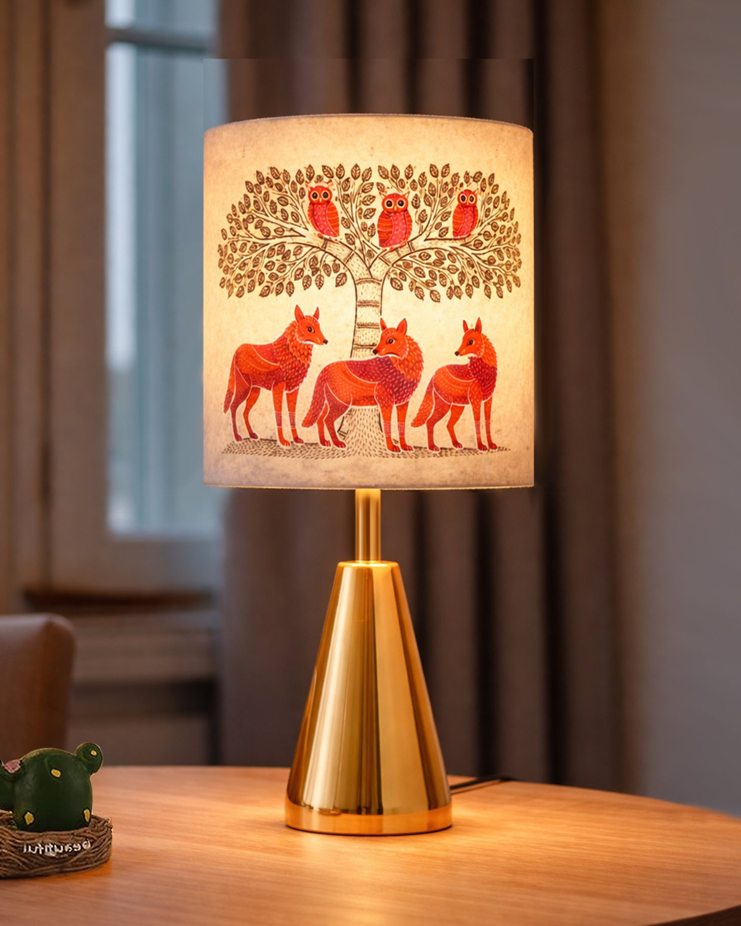 Luxe Cone Gold Table Lamp with Linen Fabric Drum Shade, Modern Decorative Bedside Lamp for Bedroom & Study Table, Living Room & Side Table, Cylinde Shade