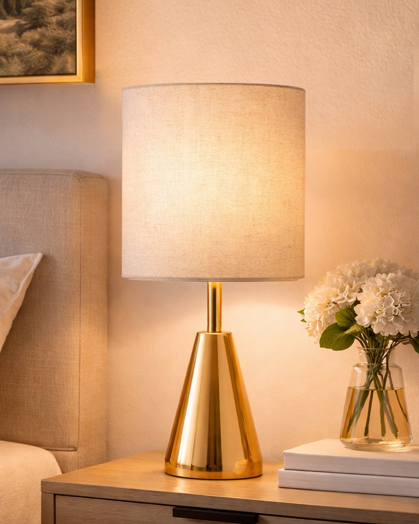 Luxe Cone Gold Table Lamp with Linen Fabric Drum Shade, Modern Decorative Bedside Lamp for Bedroom & Study Table, Living Room & Side Table, Cylinde Shade