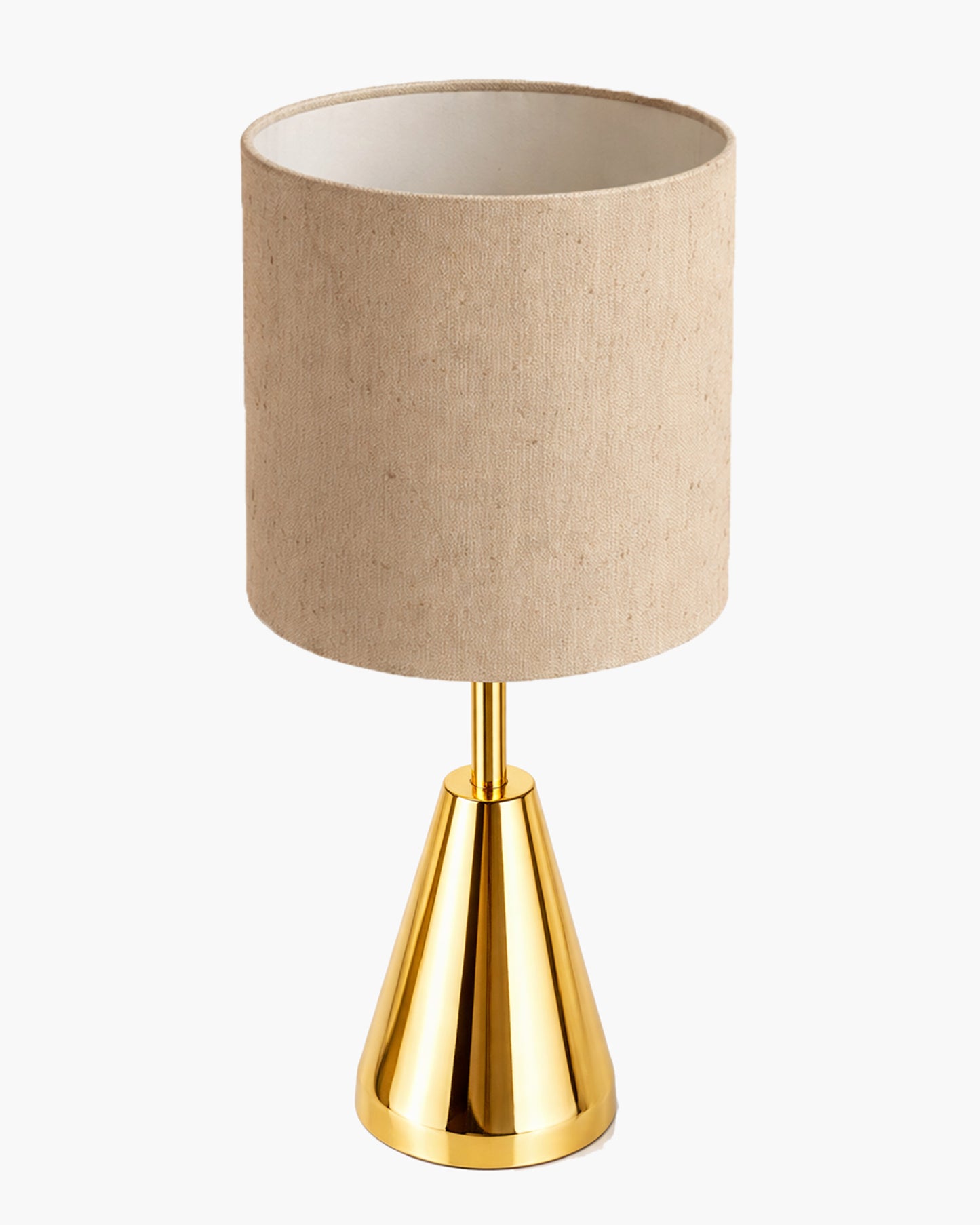 Luxe Cone Gold Table Lamp with Linen Fabric Drum Shade, Modern Decorative Bedside Lamp for Bedroom & Study Table, Living Room & Side Table, Cylinde Shade