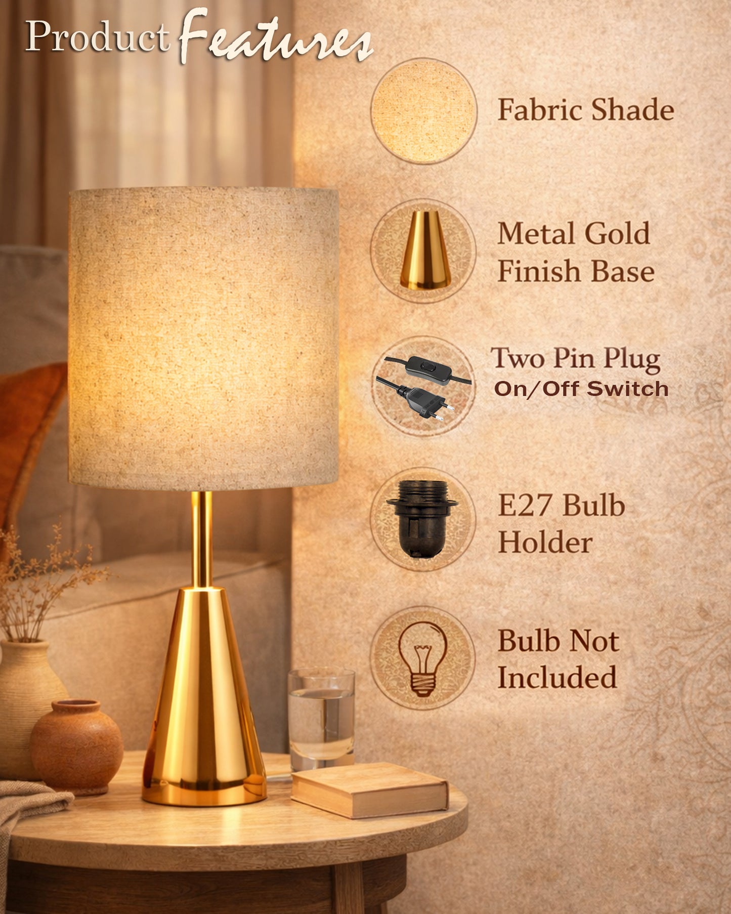 Luxe Cone Gold Table Lamp with Linen Fabric Drum Shade, Modern Decorative Bedside Lamp for Bedroom & Study Table, Living Room & Side Table, Cylinde Shade