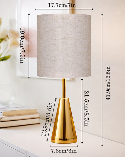 Luxe Cone Gold Table Lamp with Linen Fabric Drum Shade, Modern Decorative Bedside Lamp for Bedroom & Study Table, Living Room & Side Table, Cylinde Shade