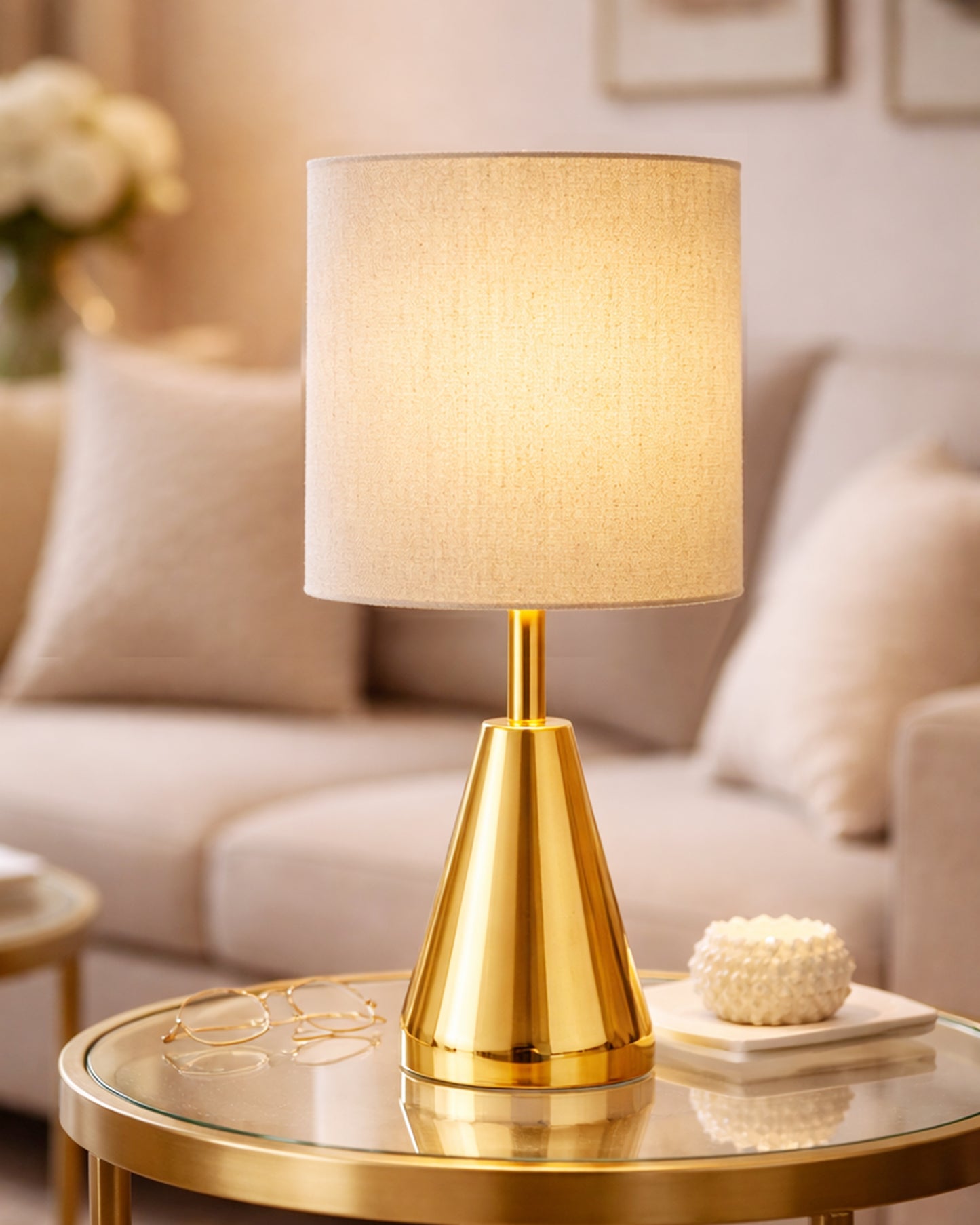 Luxe Cone Gold Table Lamp with Linen Fabric Drum Shade, Modern Decorative Bedside Lamp for Bedroom & Study Table, Living Room & Side Table, Cylinde Shade