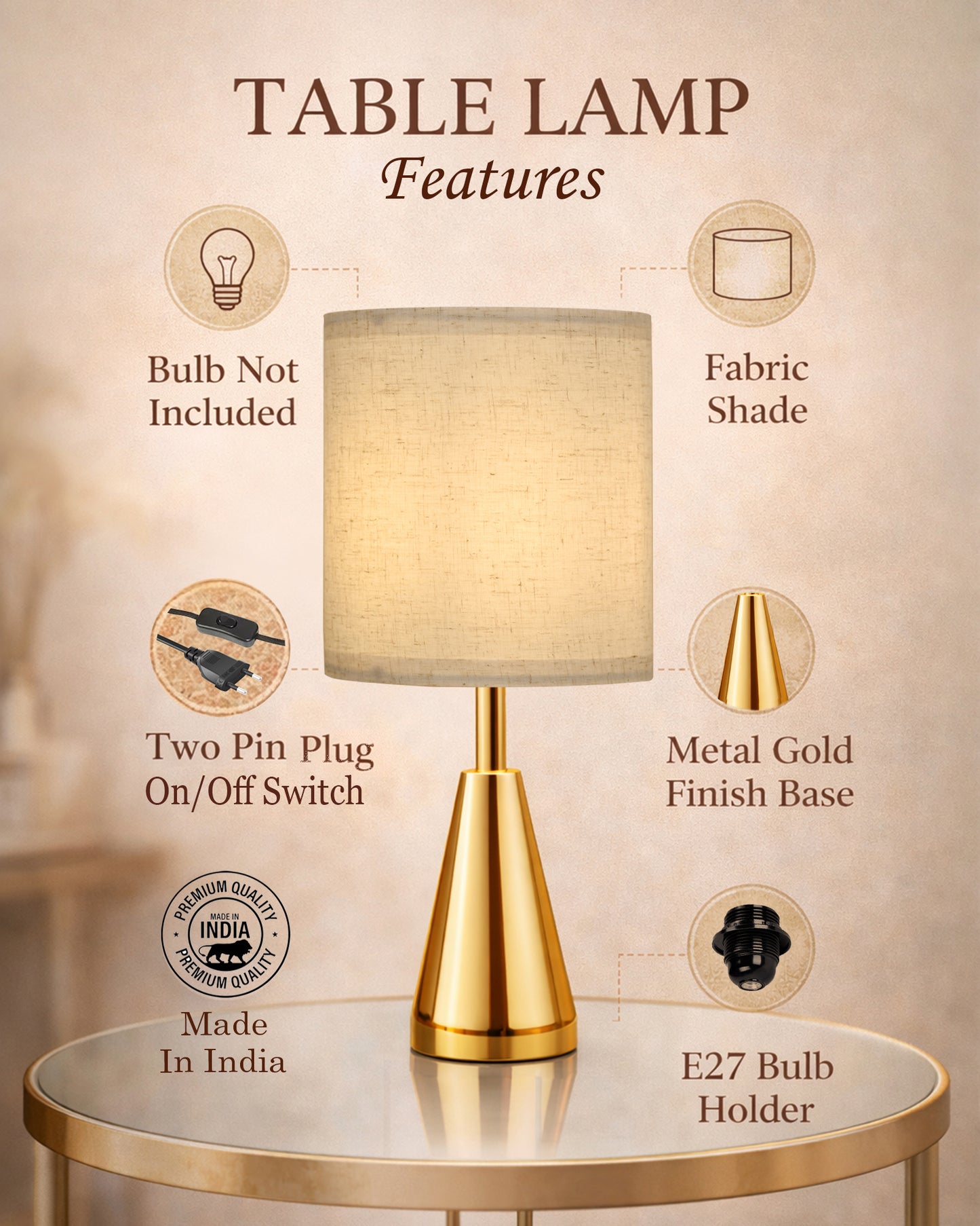 Luxe Cone Gold Table Lamp with Linen Fabric Drum Shade, Modern Decorative Bedside Lamp for Bedroom & Study Table, Living Room & Side Table, Cylinde Shade