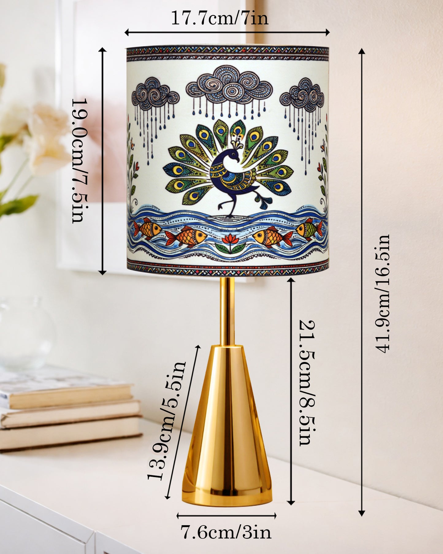 Luxe Cone Gold Table Lamp with Linen Fabric Drum Shade, Modern Decorative Bedside Lamp for Bedroom & Study Table, Living Room & Side Table, Cylinde Shade