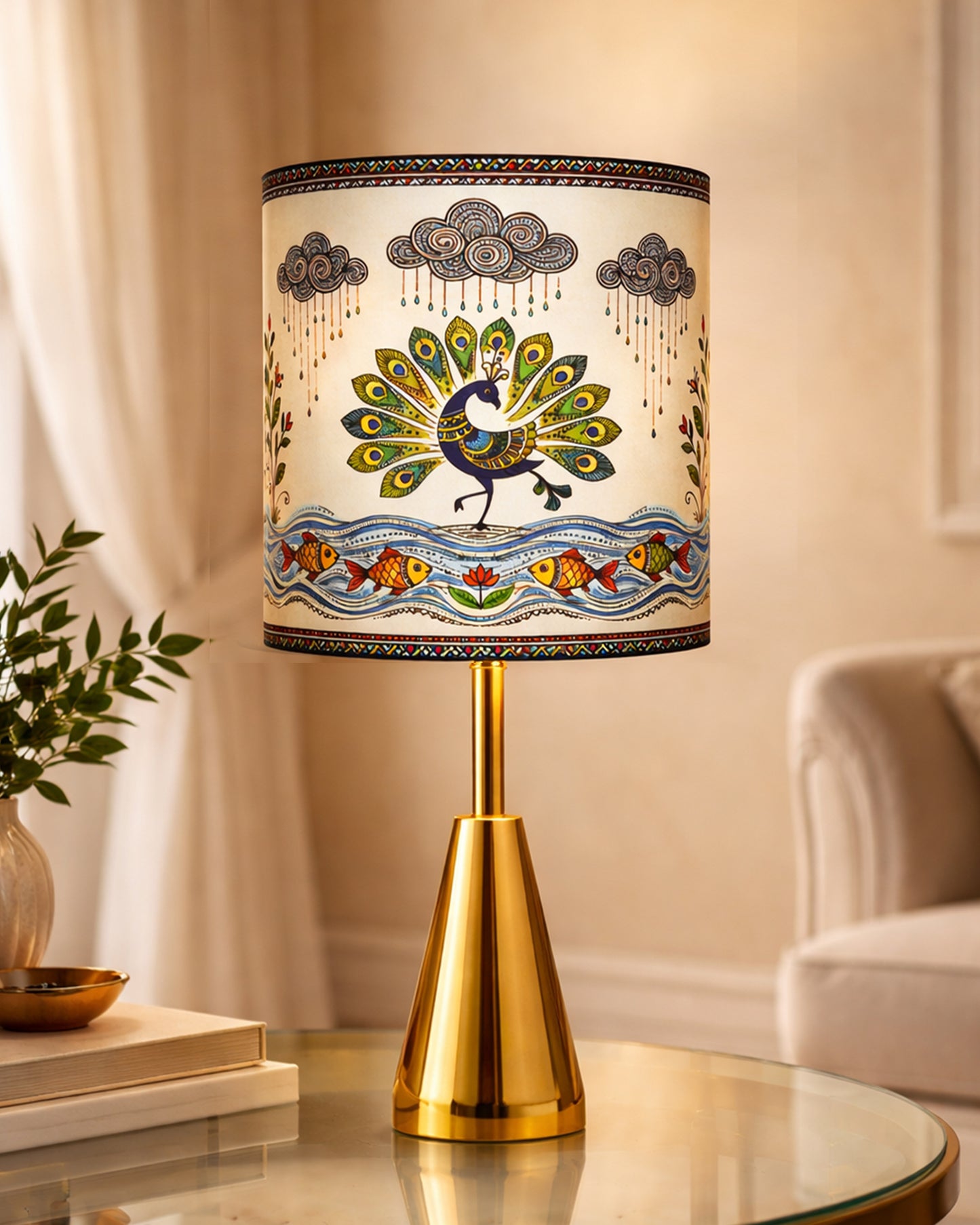 Luxe Cone Gold Table Lamp with Linen Fabric Drum Shade, Modern Decorative Bedside Lamp for Bedroom & Study Table, Living Room & Side Table, Cylinde Shade