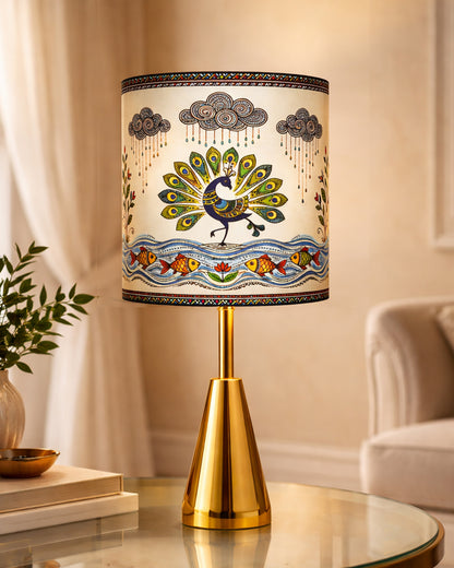 Luxe Cone Gold Table Lamp with Linen Fabric Drum Shade, Modern Decorative Bedside Lamp for Bedroom & Study Table, Living Room & Side Table, Cylinde Shade