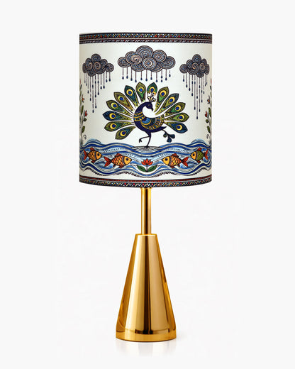 Luxe Cone Gold Table Lamp with Linen Fabric Drum Shade, Modern Decorative Bedside Lamp for Bedroom & Study Table, Living Room & Side Table, Cylinde Shade