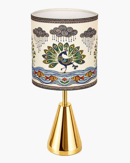 Luxe Cone Gold Table Lamp with Linen Fabric Drum Shade, Modern Decorative Bedside Lamp for Bedroom & Study Table, Living Room & Side Table, Cylinde Shade