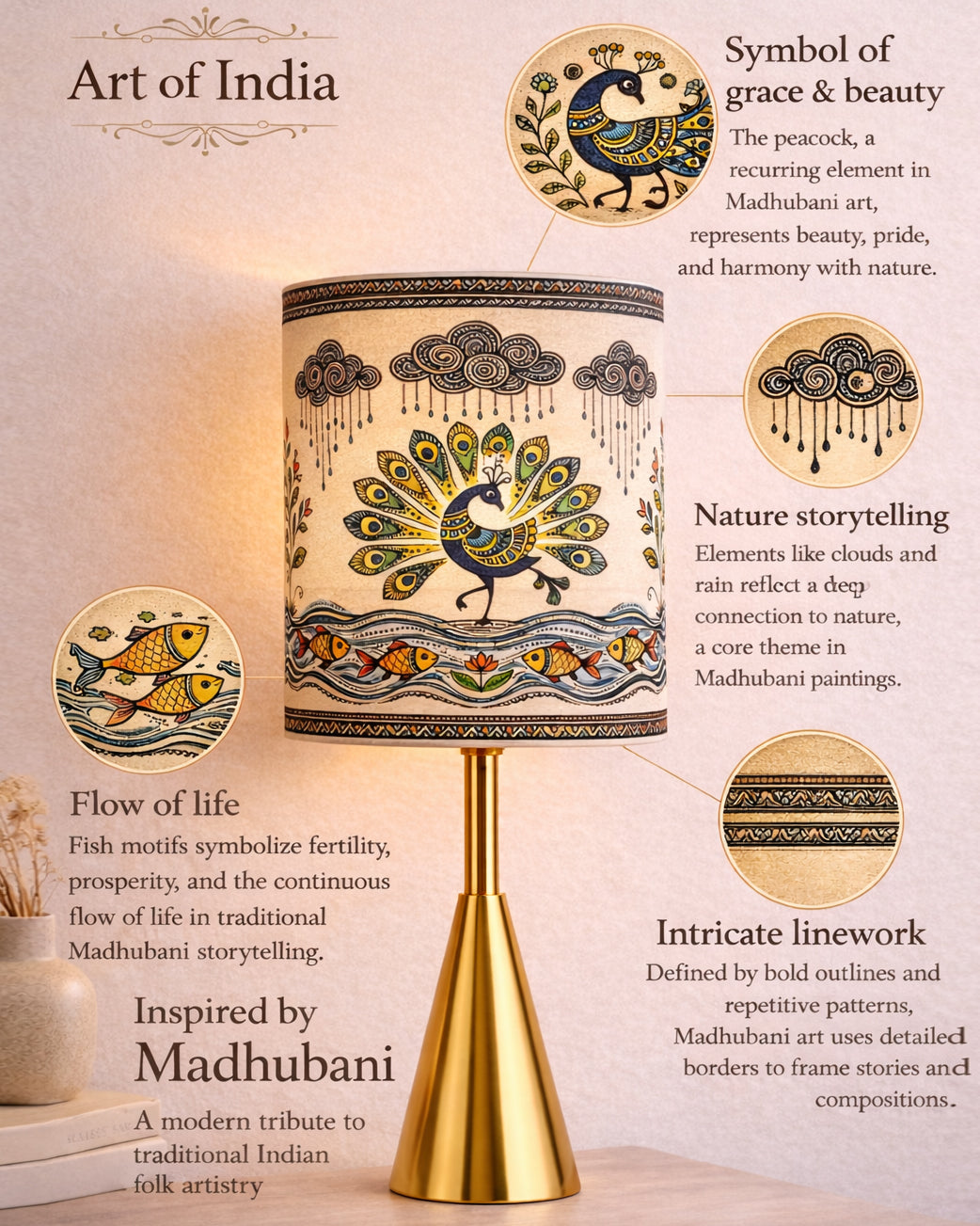 Luxe Cone Gold Table Lamp with Linen Fabric Drum Shade, Modern Decorative Bedside Lamp for Bedroom & Study Table, Living Room & Side Table, Cylinde Shade