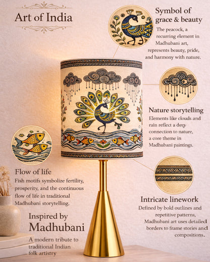 Luxe Cone Gold Table Lamp with Linen Fabric Drum Shade, Modern Decorative Bedside Lamp for Bedroom & Study Table, Living Room & Side Table, Cylinde Shade