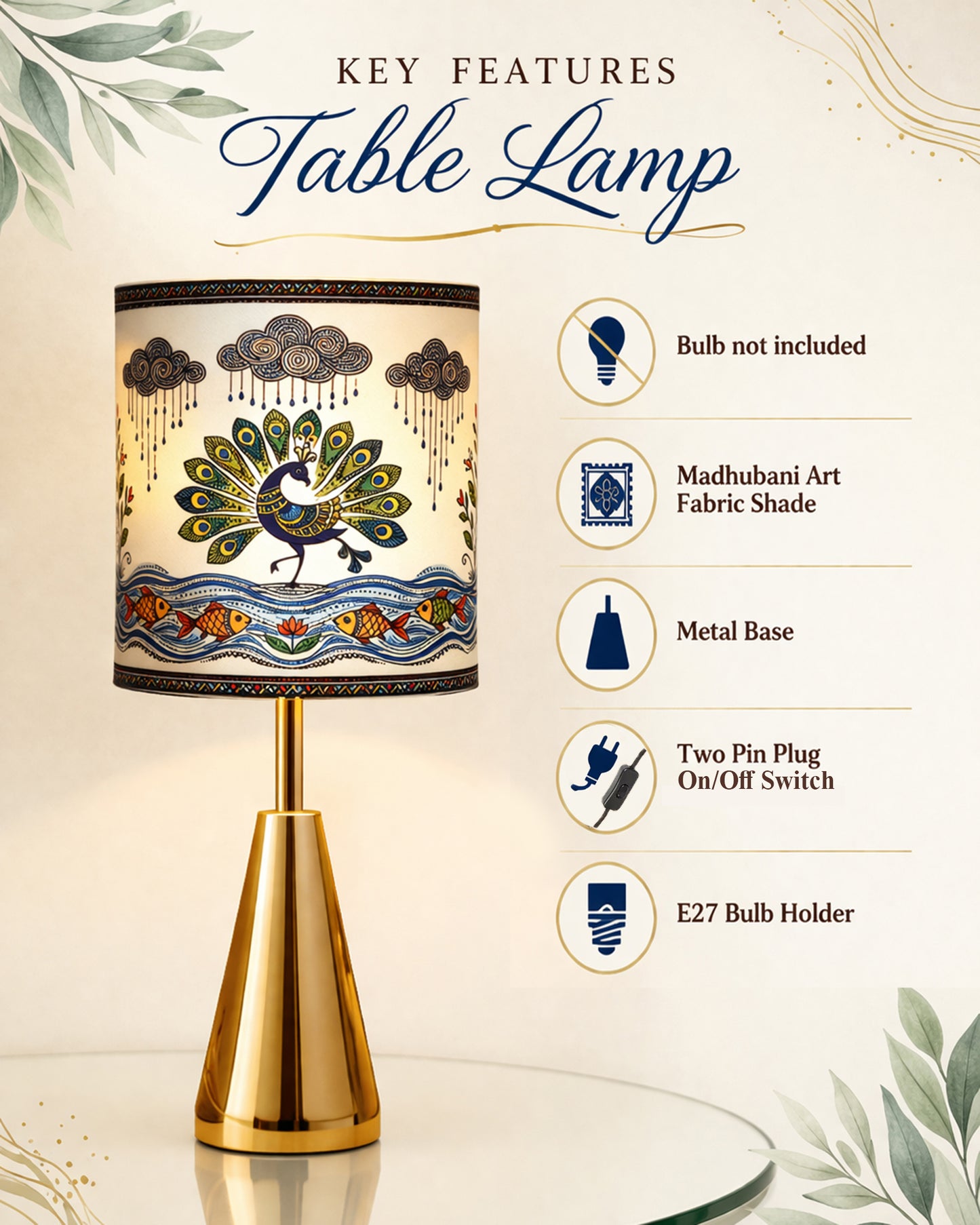 Luxe Cone Gold Table Lamp with Linen Fabric Drum Shade, Modern Decorative Bedside Lamp for Bedroom & Study Table, Living Room & Side Table, Cylinde Shade