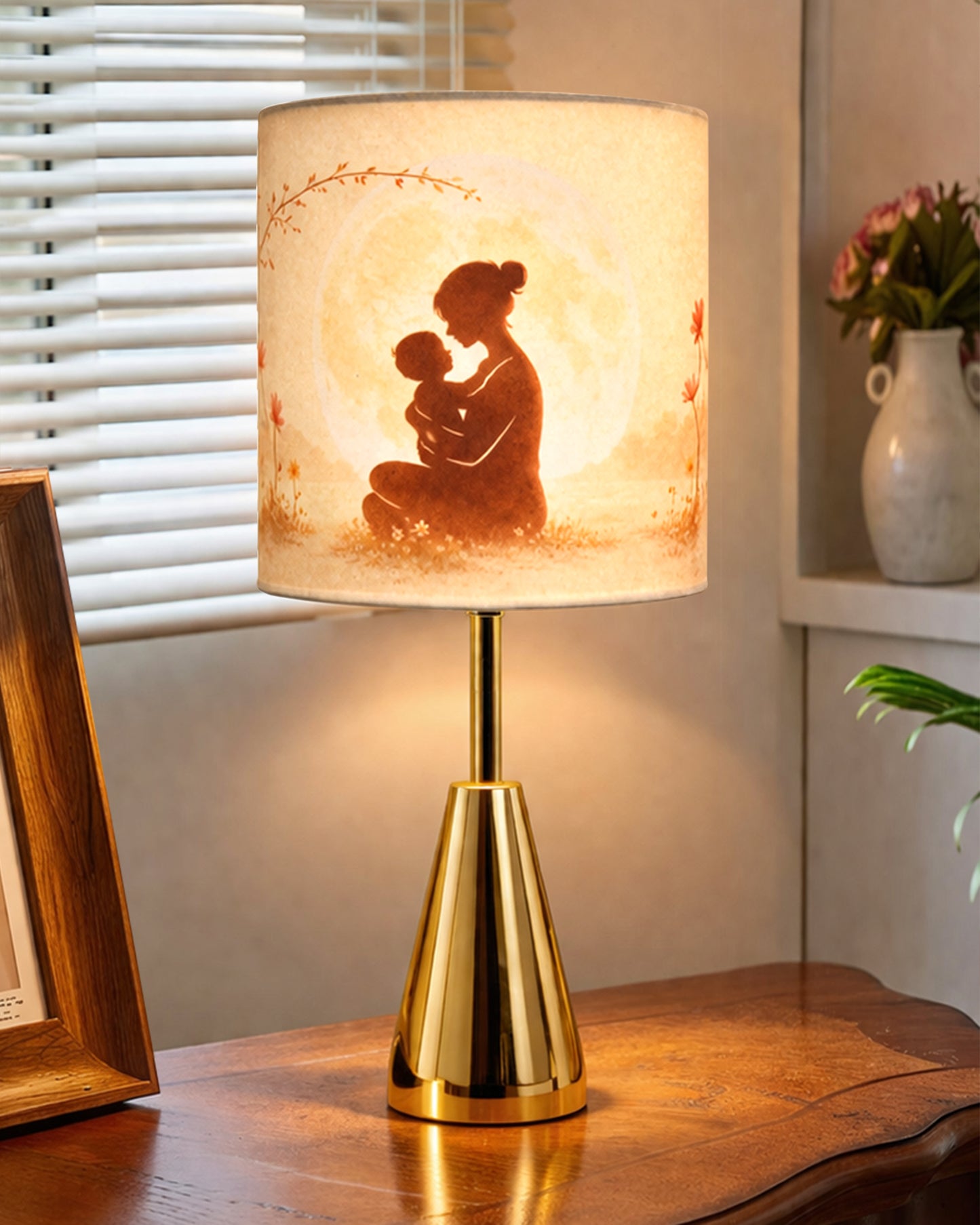 Luxe Cone Gold Table Lamp with Linen Fabric Drum Shade, Modern Decorative Bedside Lamp for Bedroom & Study Table, Living Room & Side Table, Cylinde Shade