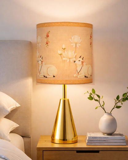 Luxe Cone Gold Table Lamp with Linen Fabric Drum Shade, Modern Decorative Bedside Lamp for Bedroom & Study Table, Living Room & Side Table, Cylinde Shade