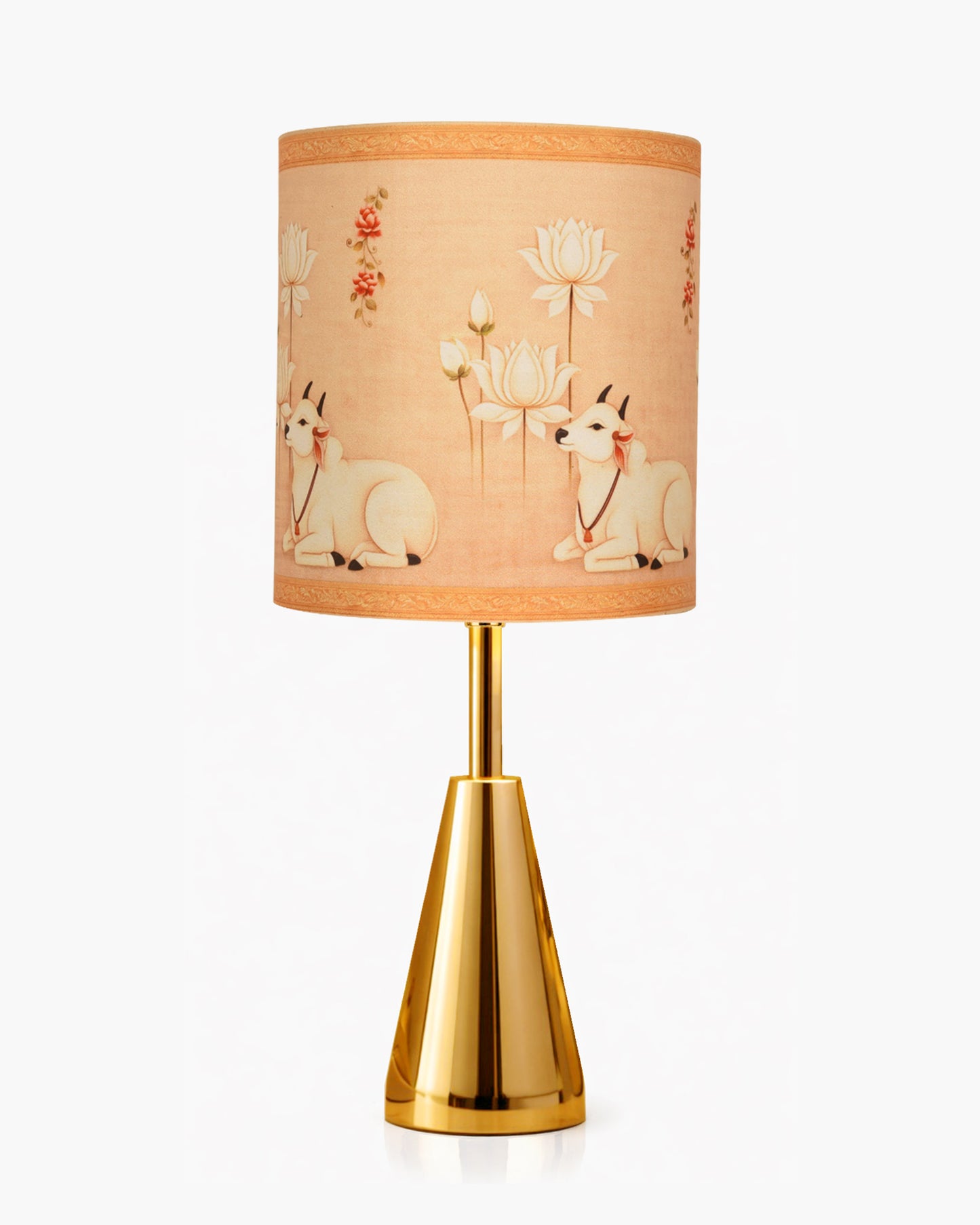 Luxe Cone Gold Table Lamp with Linen Fabric Drum Shade, Modern Decorative Bedside Lamp for Bedroom & Study Table, Living Room & Side Table, Cylinde Shade