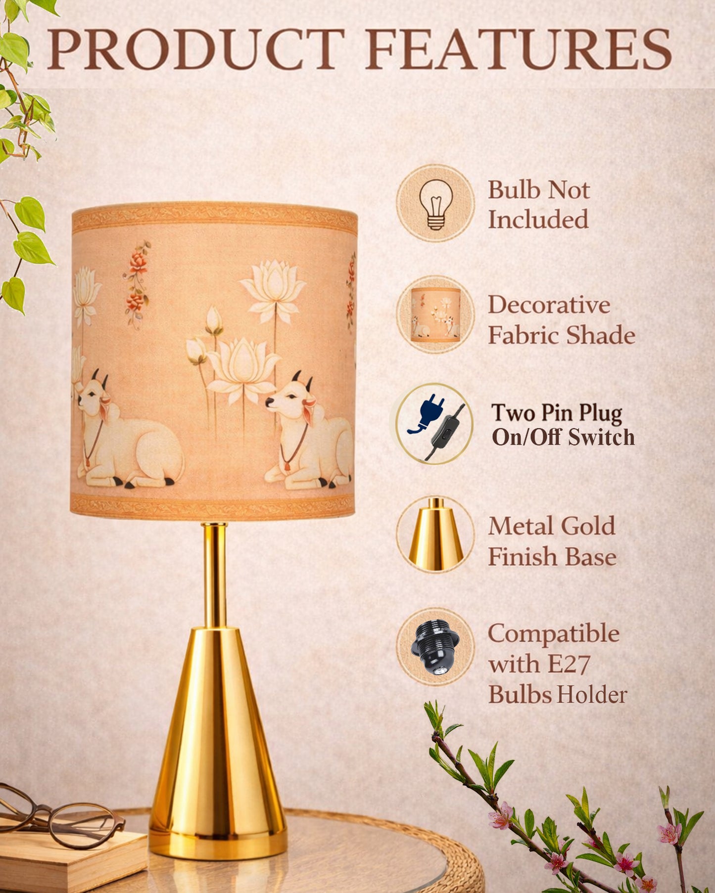 Luxe Cone Gold Table Lamp with Linen Fabric Drum Shade, Modern Decorative Bedside Lamp for Bedroom & Study Table, Living Room & Side Table, Cylinde Shade