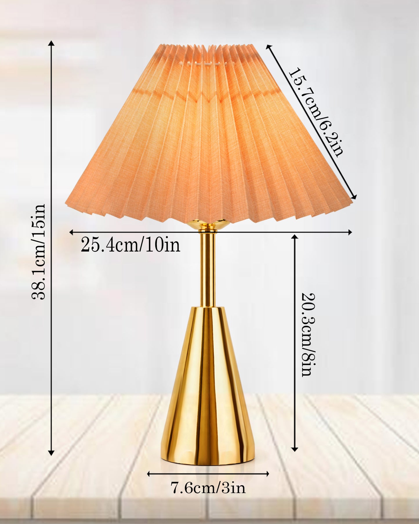 Luxe Cone Gold Table Lamp with Linen Fabric Drum Shade, Modern Decorative Bedside Lamp for Bedroom & Study Table, Living Room & Side Table, Pleated Shade