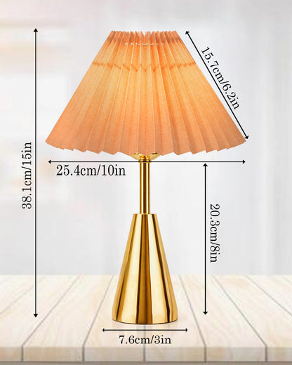 Luxe Cone Gold Table Lamp with Linen Fabric Drum Shade, Modern Decorative Bedside Lamp for Bedroom & Study Table, Living Room & Side Table, Pleated Shade