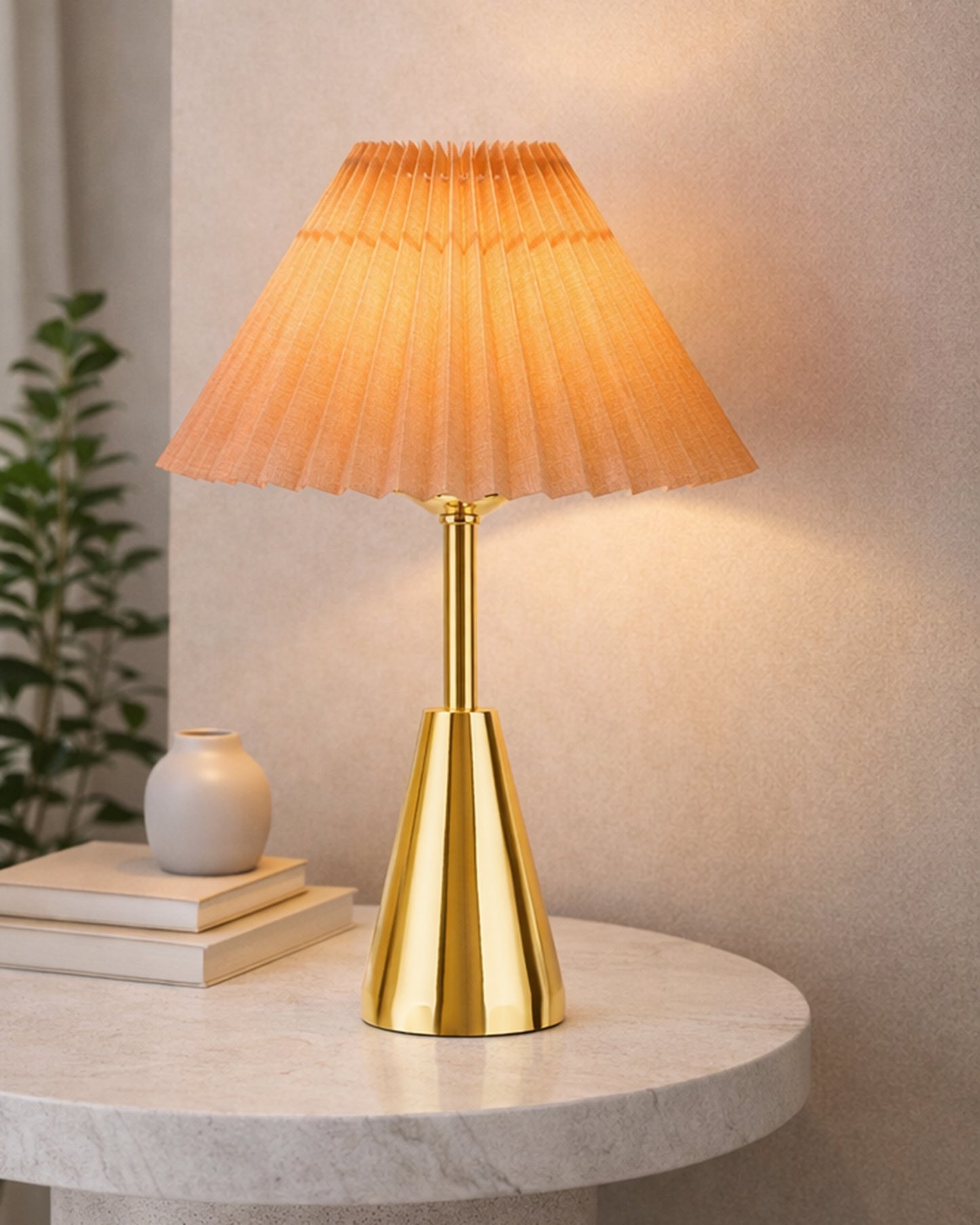 Luxe Cone Gold Table Lamp with Linen Fabric Drum Shade, Modern Decorative Bedside Lamp for Bedroom & Study Table, Living Room & Side Table, Pleated Shade