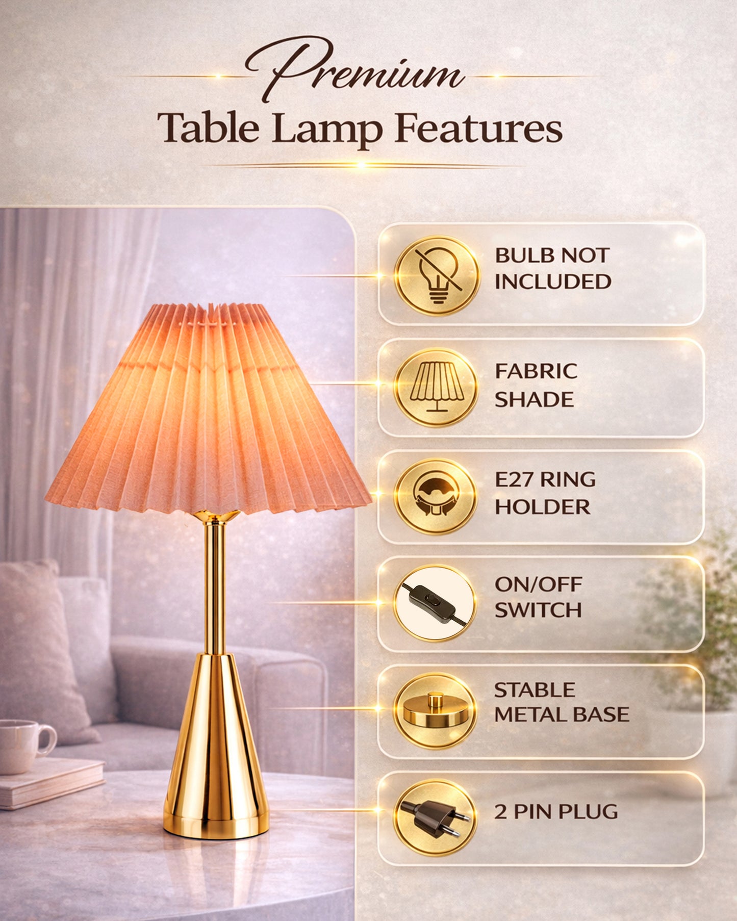 Luxe Cone Gold Table Lamp with Linen Fabric Drum Shade, Modern Decorative Bedside Lamp for Bedroom & Study Table, Living Room & Side Table, Pleated Shade