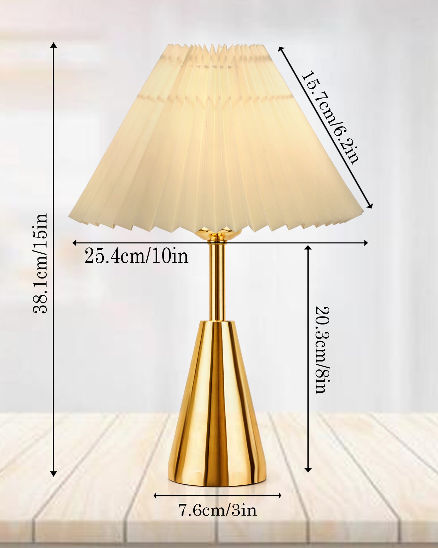 Luxe Cone Gold Table Lamp with Linen Fabric Drum Shade, Modern Decorative Bedside Lamp for Bedroom & Study Table, Living Room & Side Table, Pleated Shade