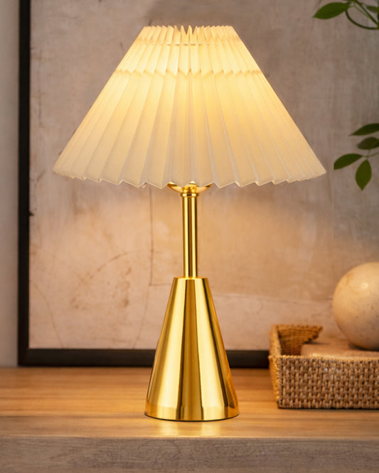 Luxe Cone Gold Table Lamp with Linen Fabric Drum Shade, Modern Decorative Bedside Lamp for Bedroom & Study Table, Living Room & Side Table, Pleated Shade