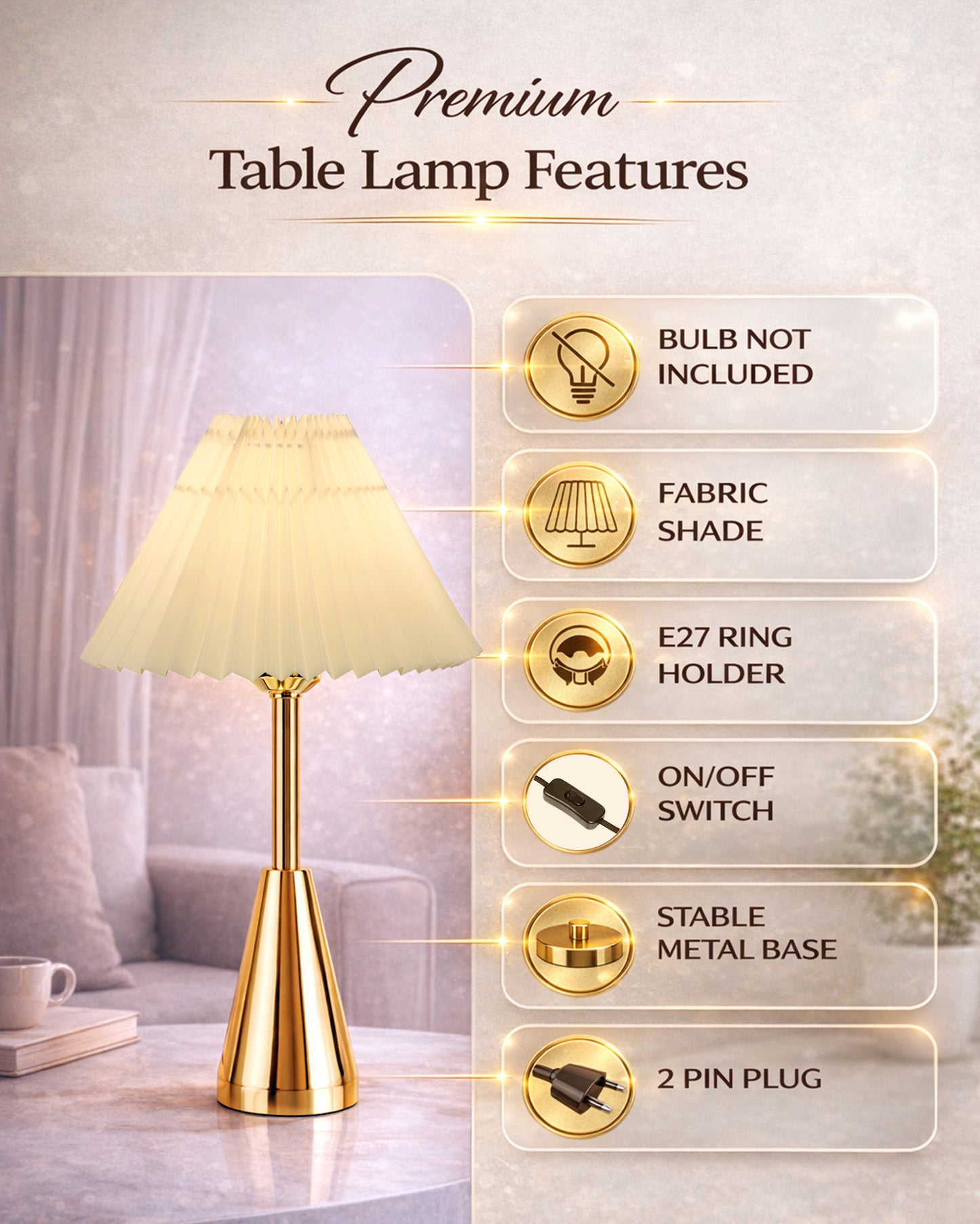 Luxe Cone Gold Table Lamp with Linen Fabric Drum Shade, Modern Decorative Bedside Lamp for Bedroom & Study Table, Living Room & Side Table, Pleated Shade
