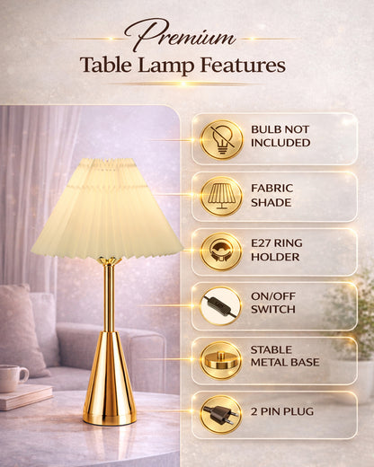 Luxe Cone Gold Table Lamp with Linen Fabric Drum Shade, Modern Decorative Bedside Lamp for Bedroom & Study Table, Living Room & Side Table, Pleated Shade