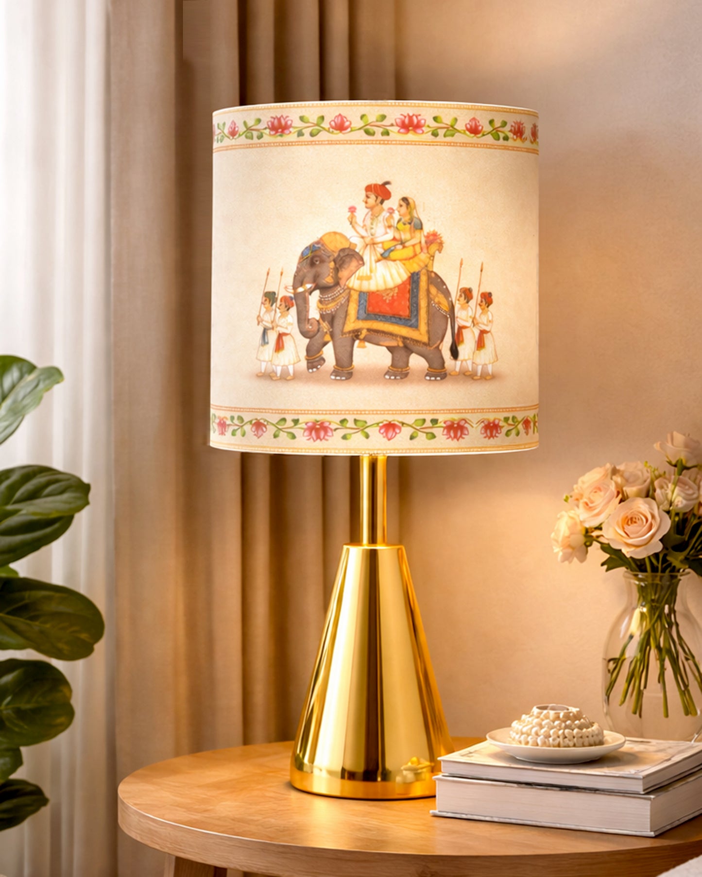 Luxe Cone Gold Table Lamp with Linen Fabric Drum Shade, Modern Decorative Bedside Lamp for Bedroom & Study Table, Living Room & Side Table, Cylinde Shade