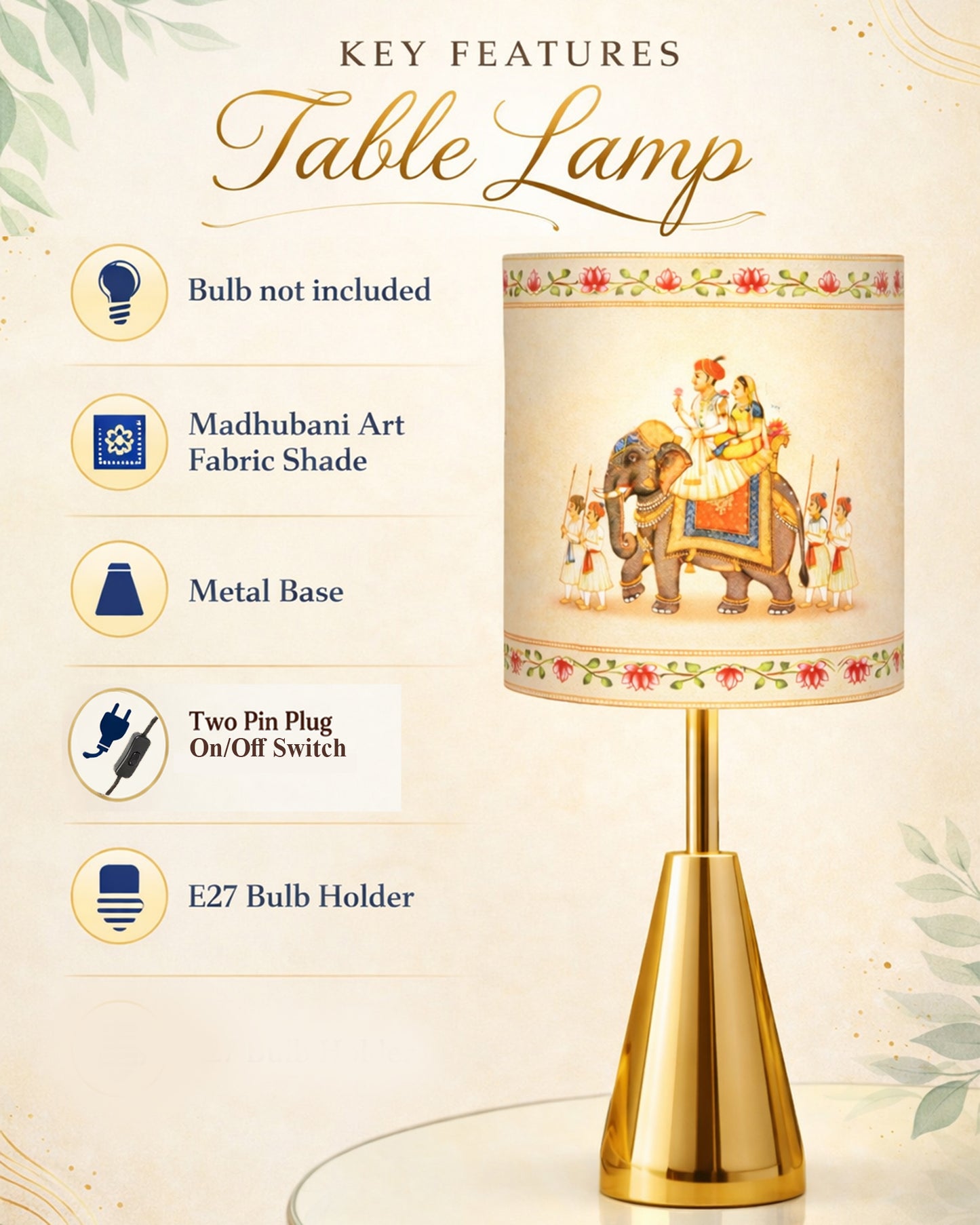 Luxe Cone Gold Table Lamp with Linen Fabric Drum Shade, Modern Decorative Bedside Lamp for Bedroom & Study Table, Living Room & Side Table, Cylinde Shade