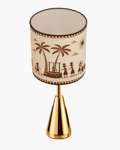 Luxe Cone Gold Table Lamp with Linen Fabric Drum Shade, Modern Decorative Bedside Lamp for Bedroom & Study Table, Living Room & Side Table, Cylinde Shade