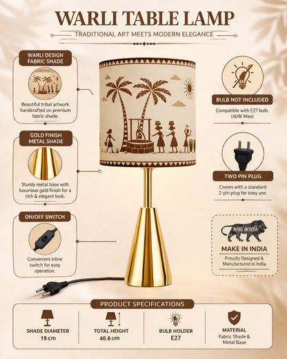 Luxe Cone Gold Table Lamp with Linen Fabric Drum Shade, Modern Decorative Bedside Lamp for Bedroom & Study Table, Living Room & Side Table, Cylinde Shade