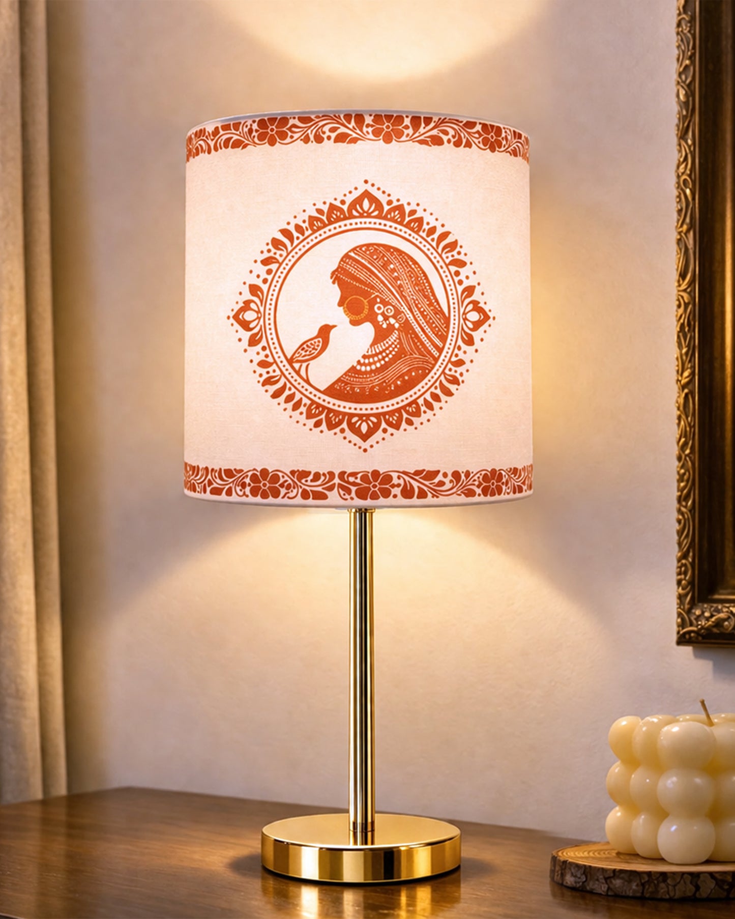 Luxe Flat Gold Table Lamp with Linen Fabric Drum Shade, Modern Decorative Bedside Lamp for Bedroom & Study Table, Living Room & Side Table, Cylinde Shade