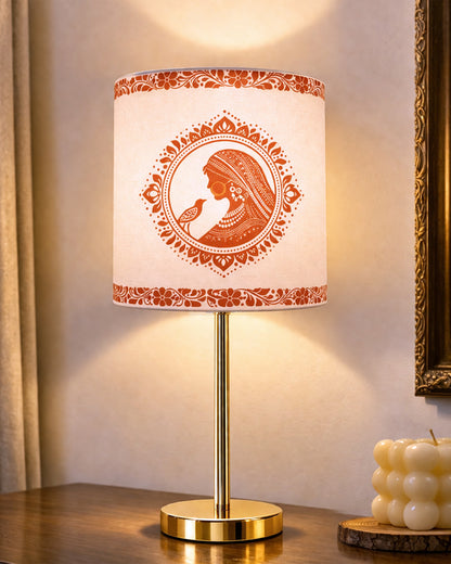Luxe Flat Gold Table Lamp with Linen Fabric Drum Shade, Modern Decorative Bedside Lamp for Bedroom & Study Table, Living Room & Side Table, Cylinde Shade