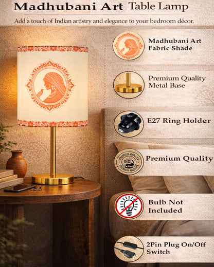 Luxe Flat Gold Table Lamp with Linen Fabric Drum Shade, Modern Decorative Bedside Lamp for Bedroom & Study Table, Living Room & Side Table, Cylinde Shade