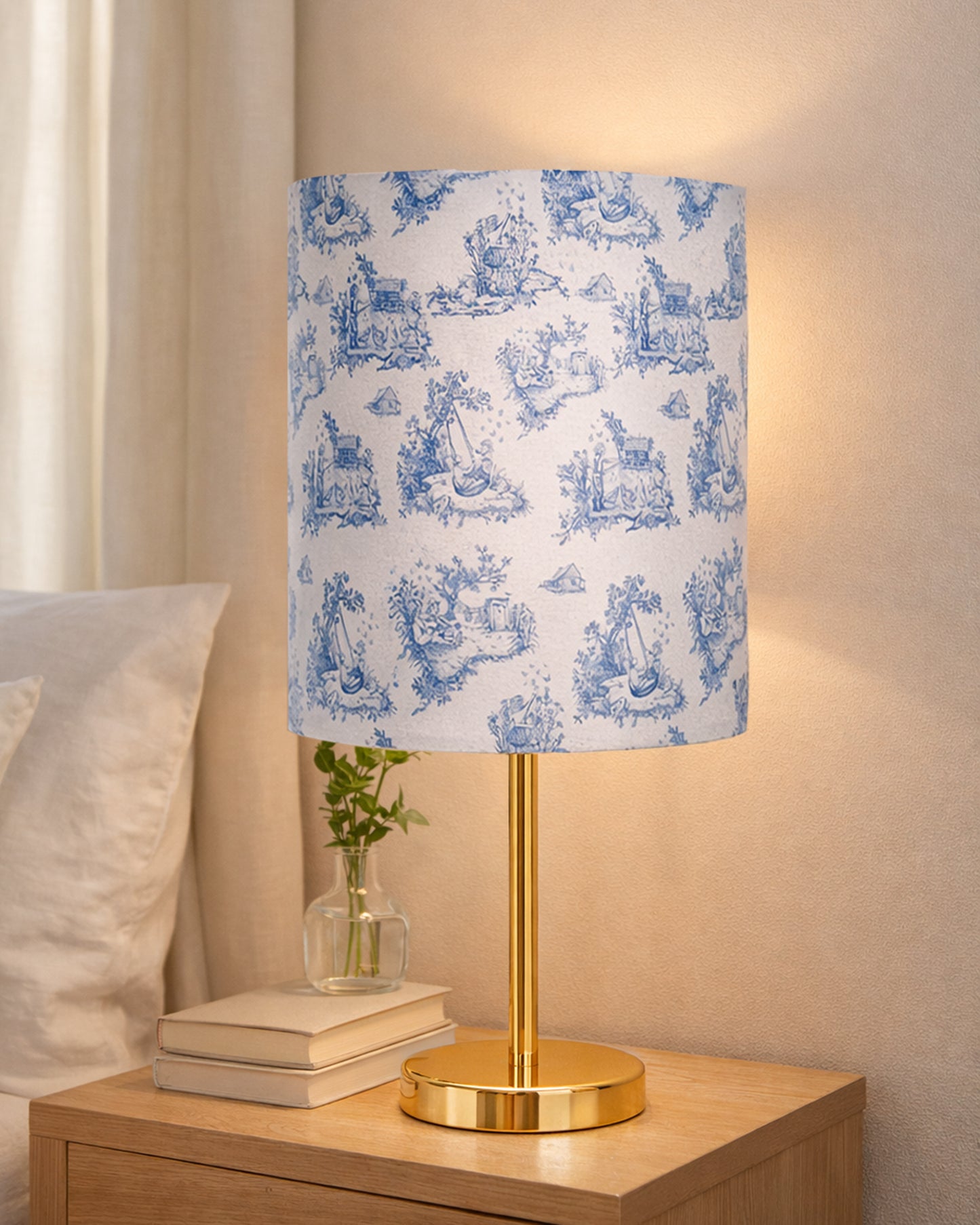 Luxe Flat Gold Table Lamp with Linen Fabric Drum Shade, Modern Decorative Bedside Lamp for Bedroom & Study Table, Living Room & Side Table, Cylinde Shade