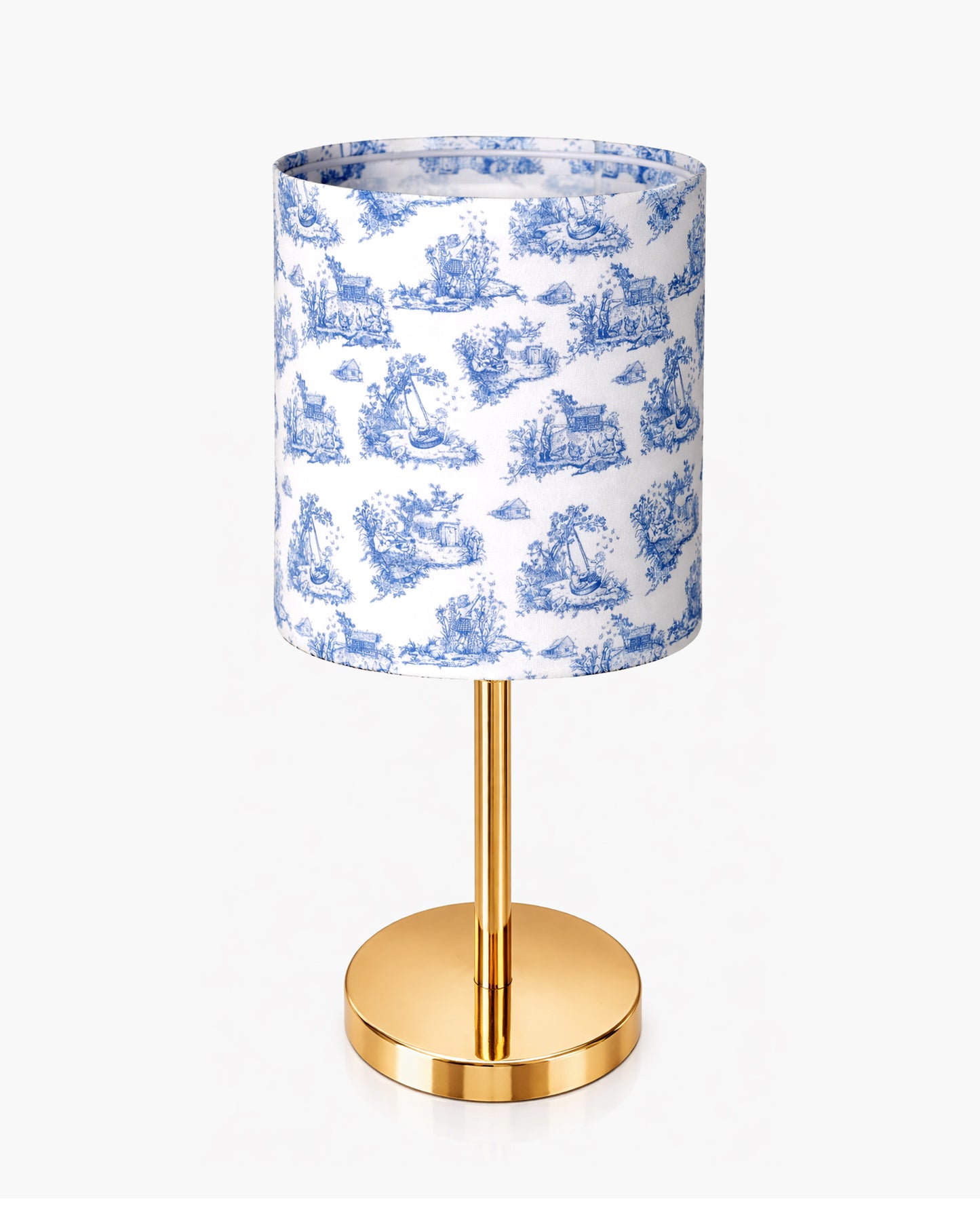 Luxe Flat Gold Table Lamp with Linen Fabric Drum Shade, Modern Decorative Bedside Lamp for Bedroom & Study Table, Living Room & Side Table, Cylinde Shade