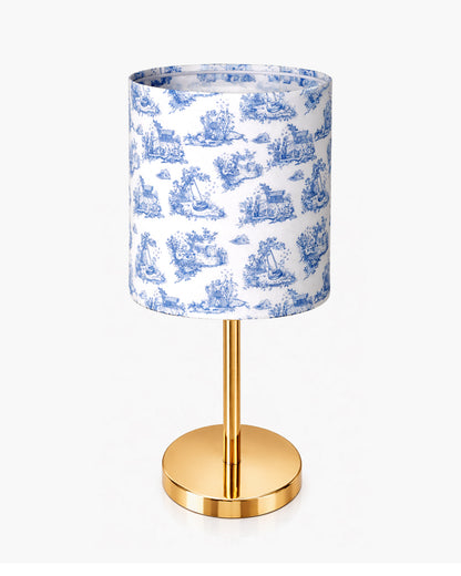 Luxe Flat Gold Table Lamp with Linen Fabric Drum Shade, Modern Decorative Bedside Lamp for Bedroom & Study Table, Living Room & Side Table, Cylinde Shade