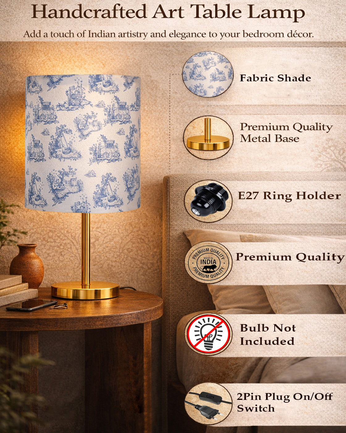 Luxe Flat Gold Table Lamp with Linen Fabric Drum Shade, Modern Decorative Bedside Lamp for Bedroom & Study Table, Living Room & Side Table, Cylinde Shade