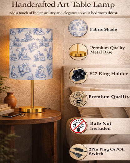 Luxe Flat Gold Table Lamp with Linen Fabric Drum Shade, Modern Decorative Bedside Lamp for Bedroom & Study Table, Living Room & Side Table, Cylinde Shade